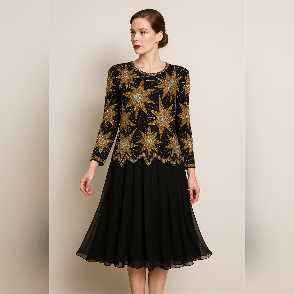 Vintage Niteline By Dannie Silk Beaded Starburst Gown Size 14